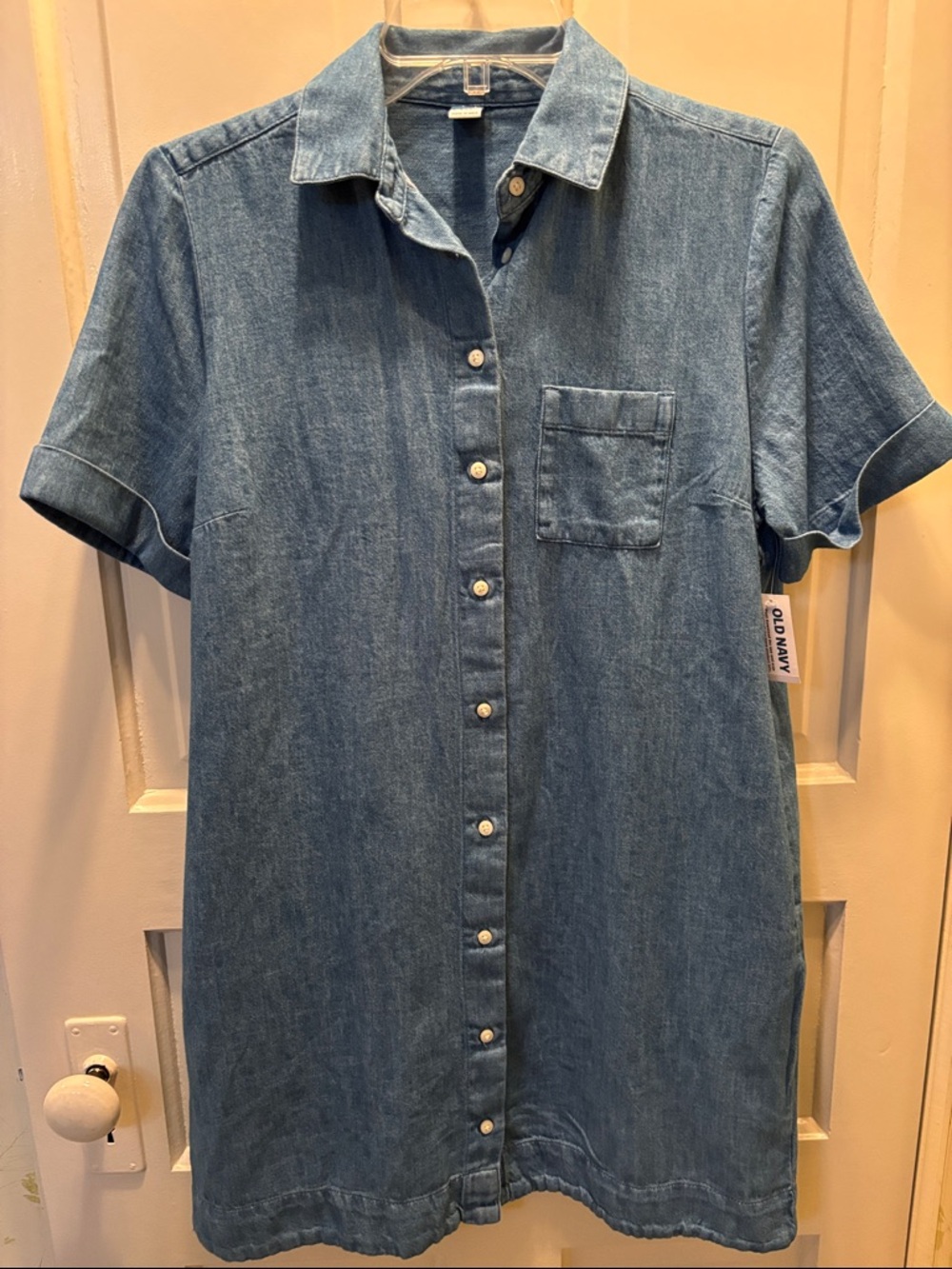 Old Navy Medium Blue Denim Short-Sleeve Button-Up Shirt Dress